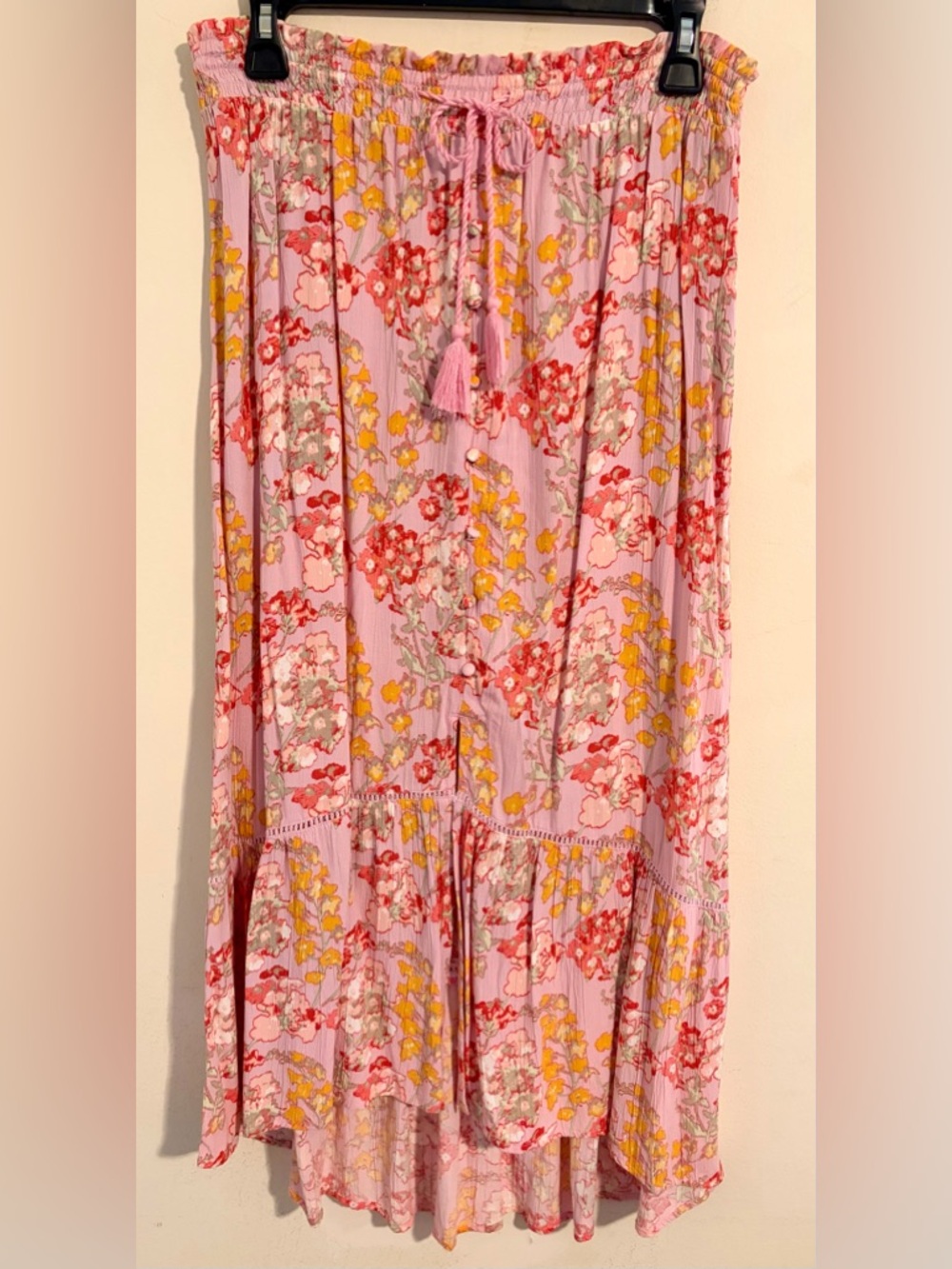 Wonderly Pink Floral Tiered Slit Maxi Skirt with Yellow & Red Accents Sz Small